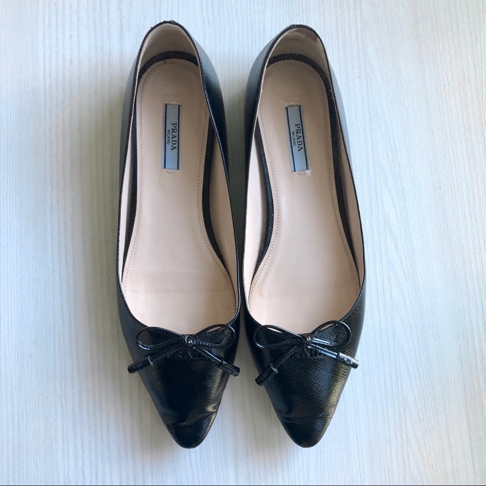 Prada Black Saffiano Leather Bow Pointed Toe Flats